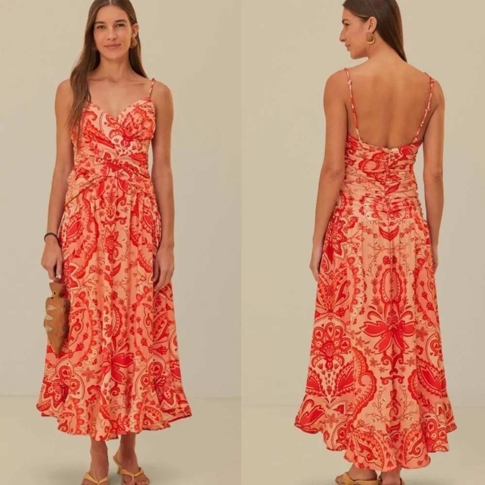 Farm Rio Jaipur Crossover Linen Blend Maxi Sundress Ruched Waist EUC Sml Resort